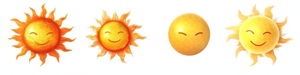 Smiling Sun Variations Isolated on White Background, summer ,clipart