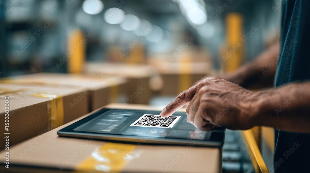 Poster warehouse worker scanning qr code on tablet amidst stacked boxes, highlighting efficient inventory m