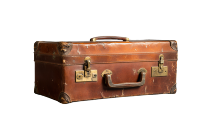 Old worn leather suitcase with brass locks and handles isolated on transparent background