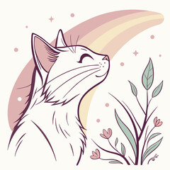 A whimsical illustration of a cat gazing upwards with a serene expression. Surrounded by delicate flowers and a soft rainbow, this artwork captures a moment of tranquility and nature's beauty.