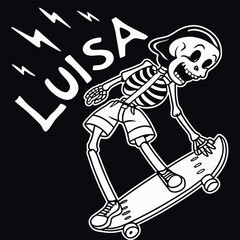 Dynamic skateboard design featuring a playful skeleton named Luisa, set against a bold black background. Perfect for apparel, stickers, and graphic art showcasing a fun, edgy vibe.