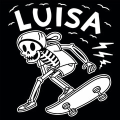 Dynamic skateboard design featuring a playful skeleton named Luisa, set against a bold black background. Perfect for apparel, stickers, and graphic art showcasing a fun, edgy vibe.
