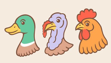 Vector set illustrations of turkey, chicken and duck heads in retro style. Vintage illustrations of turkey, rooster and duck