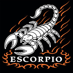 Bold scorpion illustration with fiery accents and the word 