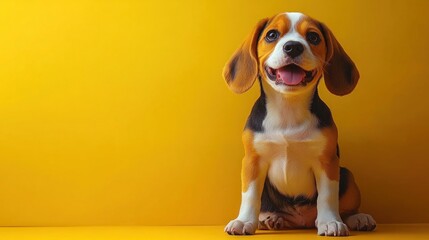 Adorable Beagle Puppy Against Yellow Background