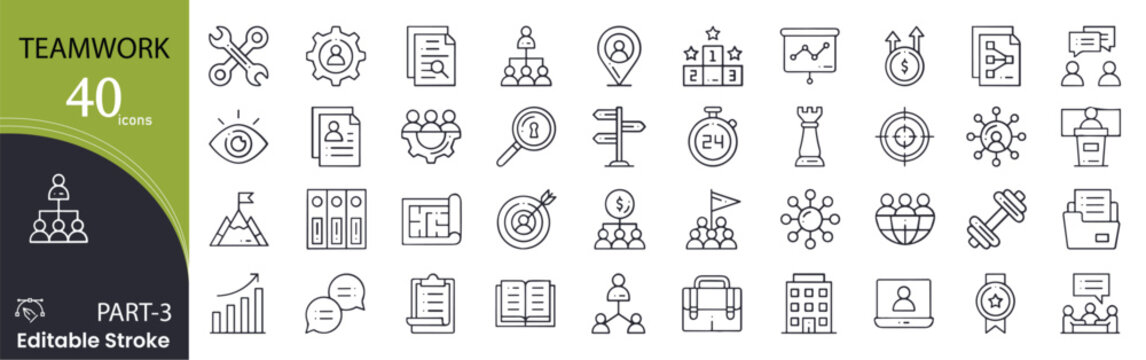 Teamwork related icons set. Including collaboration, group, communication, support, goal, leadership, and unity. Editable stroke. outline icons.