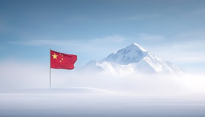 China Flag with Snowy Mountain, and Antarctica.