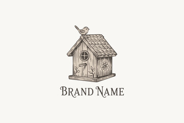 hand drawn vintage bird house logo design 