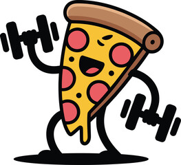 Cartoon pizza slice character lifting weights exercising and promoting fitness in a fun playful design