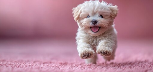 Adorable Fluffy Puppy Running Towards the Camera on Pink Carpet