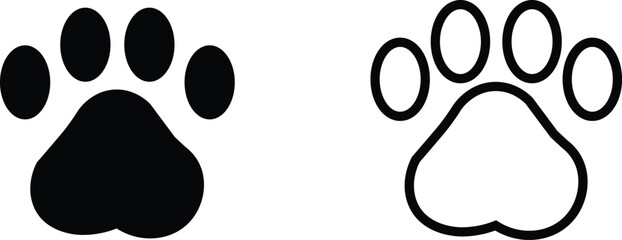 black and white Pet paw editable stroke. footprints Pet paw, Heart with pet paw print dog cat icon, vector illustration