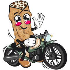 cute cannoli vektor illustration mascot character riding a big motorcycle, work of hand drawn