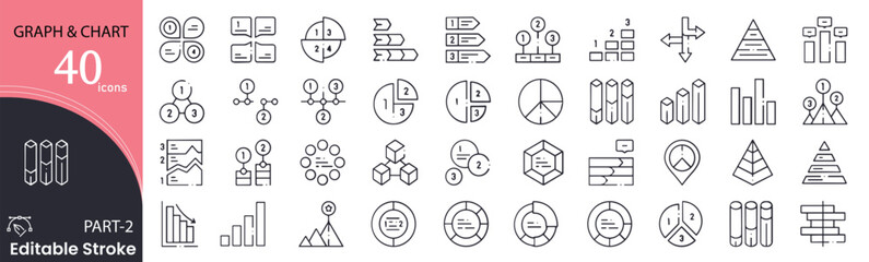 Graph and chart related icons set. Including data, analytics, bar, pie, line chart, growth, report, and statistics. Editable stroke. outline icons.