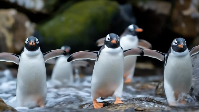 Penguins waddle rocky shore.