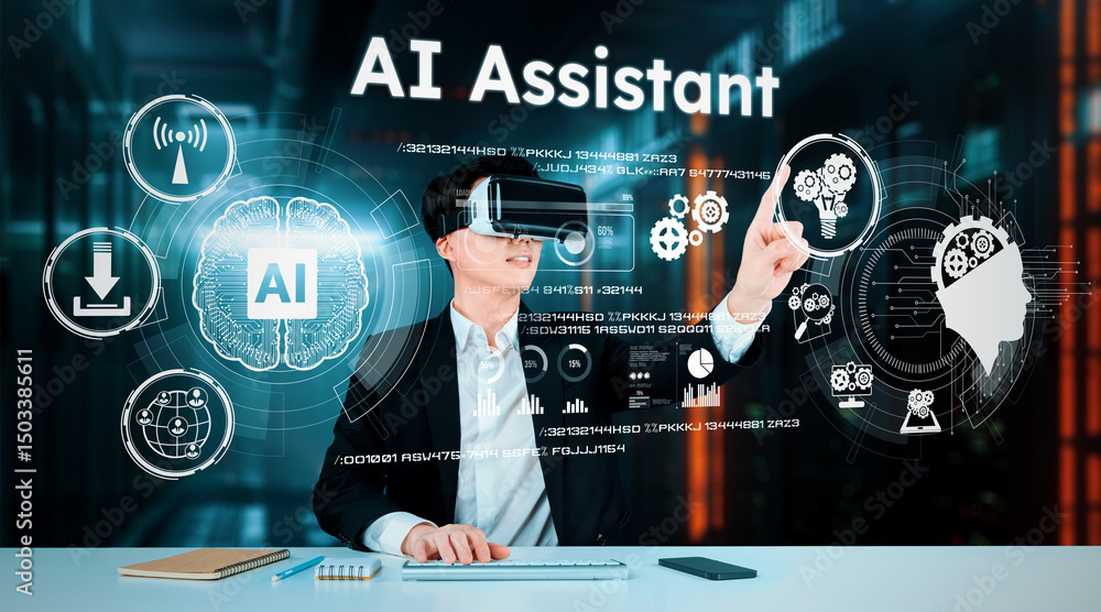 Poster business man with goggles working while using ai technology. project manager with formal suit checki