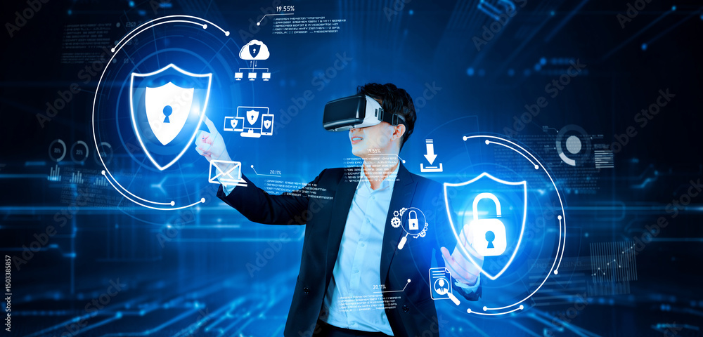 Poster smart business man connecting at global network by using vr glasses. project manager accessing big d