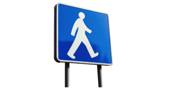 Pedestrian crossing road sign showing walking man on blue background with transparent background