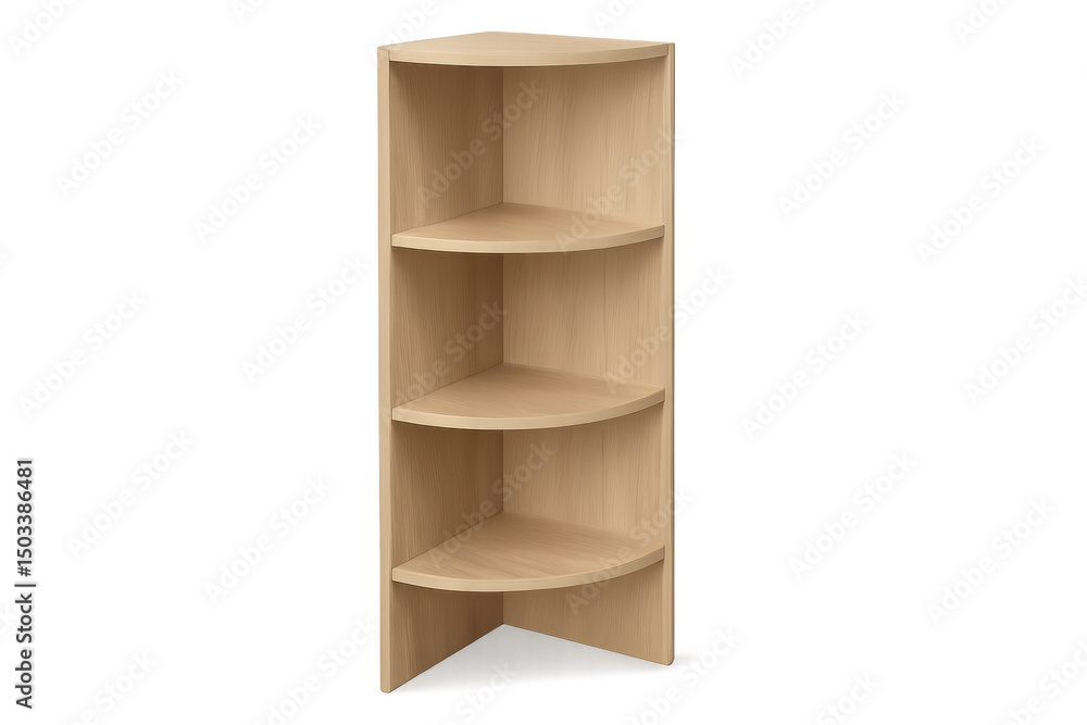 Poster light wooden corner shelf unit with rounded shelves on a transparent background, perfect for showcas