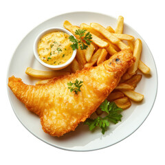 Fish and chip dinner, Crispy fried fish fillets served with golden fries and tangy dipping sauce,...