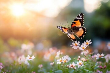Obraz premium Butterfly in flight over wildflowers at sunrise