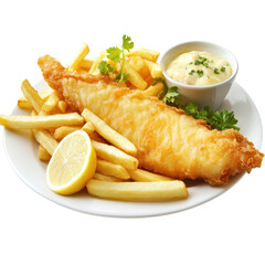 Fish and chip dinner, Crispy fried fish fillets served with golden fries and tangy dipping sauce,...