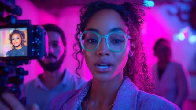 Young Black woman content creator talking on camera in neon-lit studio, vibrant pink and purple tones with copy space on the left, perfect video for influencer marketing, tech vlogs, and Gen Z brandin