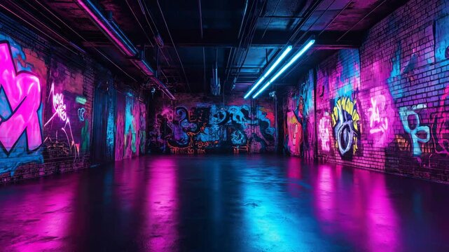 Empty urban hallway with neon graffiti art glowing under UV lights, seamless video loop in vibrant pink and blue tones with wide center copy space, perfect for music intros, club promotions, and stree