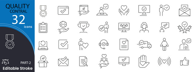 Quality control related icons set. Including checklist, test, standard, inspection, product, review, and approval. Editable stroke. outline icons