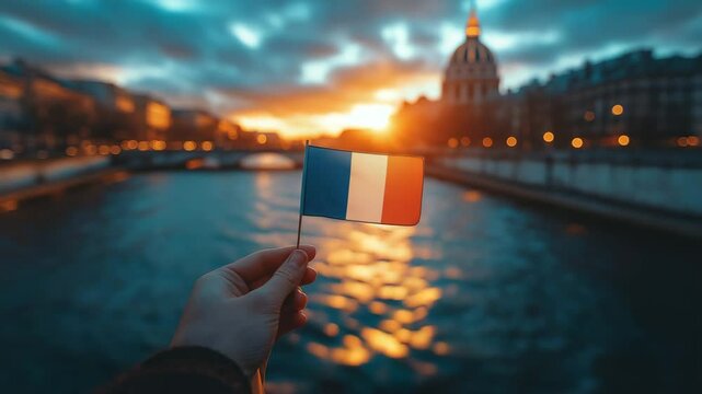 Hand holding French flag in front of Parisian river at sunset, patriotic video in cinematic orange-blue tones with center copy space, ideal for Bastille Day, travel promotions, and cultural heritage c