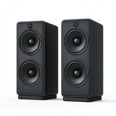 Fototapeta premium Two black audio speakers, rectangular, with visible woofers