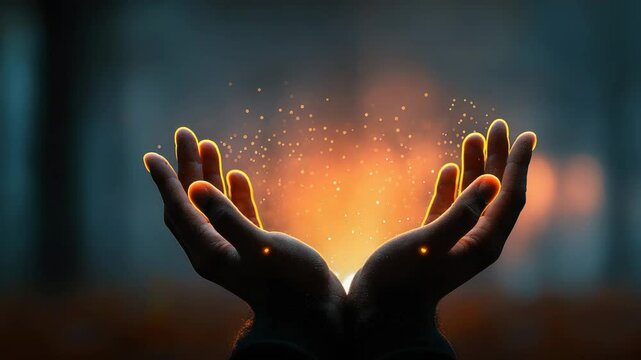 Hands releasing glowing particles into air in dark background, magical conceptual video in warm orange and blue tones with center copy space, perfect for spirituality content, healing energy themes, o