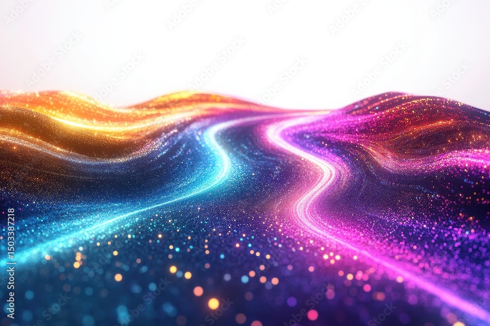 Aufkleber Colorful waves of light create an ethereal landscape resembling a dreamlike galaxy with a gradient of soft hues and shimmering particles