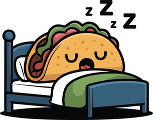 Cute cartoon taco sleeping comfortably in bed with zzz symbols above it