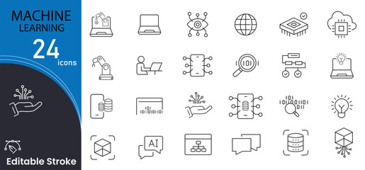 Machine learning related icons set. Including AI, data, algorithm, brain, automation, neural network, and model. Editable stroke. outline icons.