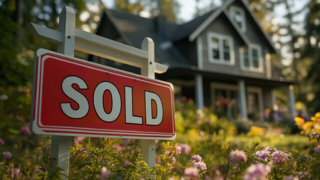 Real estate house with red sold sign in front garden, successful home purchase video in warm golden tones with center copy space, ideal for property ads, real estate intros, or mortgage company brandi