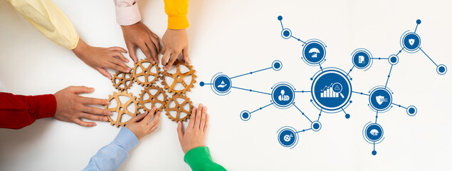 Obraz premium Collaborative Management Strategies with Gears Symbolizing Teamwork and Data Connection for Business Improvement and Innovation. Amity