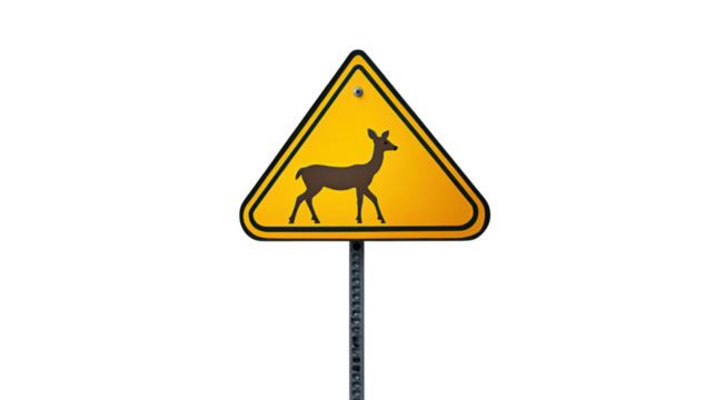 Yellow triangular deer crossing warning road sign with transparent background