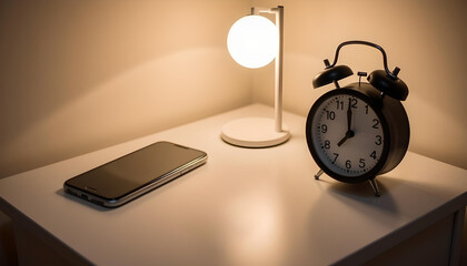 Naklejka premium Alarm clock and smartphone on bedside table with warm light 