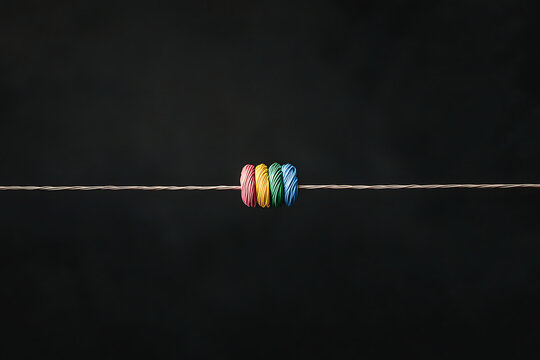 Colorful beads on string with dark background.