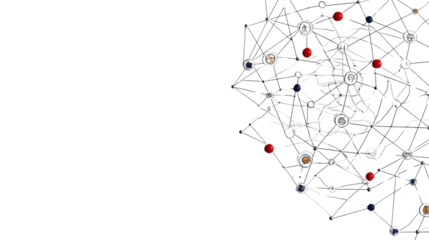 Network connecting business icons and colorful spheres on transparent background