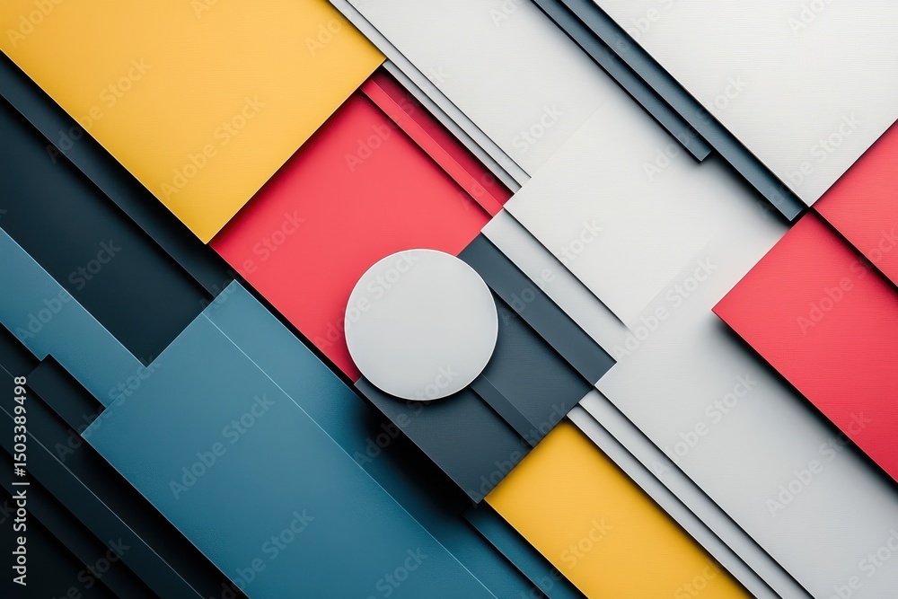 Fototapete abstract geometric pattern in vibrant colors featuring red, orange, black, and white forms layered o