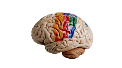 Plastic Brain Model Showing Different Cerebral Lobes on Transparent Background