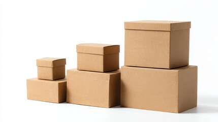 Ultra quality image of four closed cardboard boxes of different sizes forming an ascending staircase on white background.