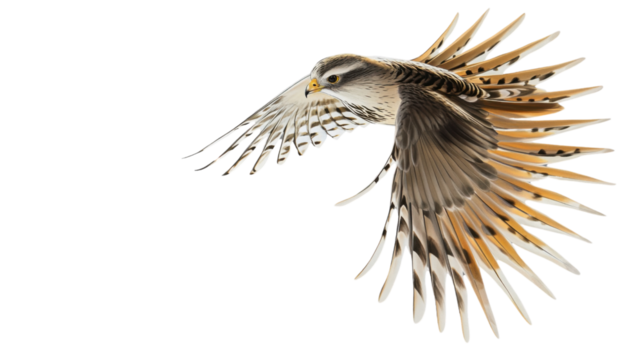 Kestrel bird of prey flying with spread wings on transparent background