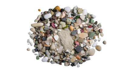 Colorful pebbles and sand forming a circle on a transparent background