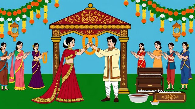 Vibrant Indian Wedding Ceremony Illustration