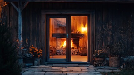 Fototapeta premium Cozy cabin doors at dusk