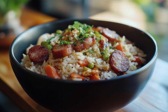 fried rice with chinese sausage and vegetables in bright morning light, hot dog fried rice with garnish