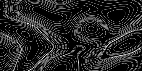Obraz premium Monochrome Topographic Map DesignGeometric Contour Lines on Abstract Topographic Lines over Black Background.