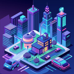 Isometric vector illustration of a city building plan with urban architecture and residential street design